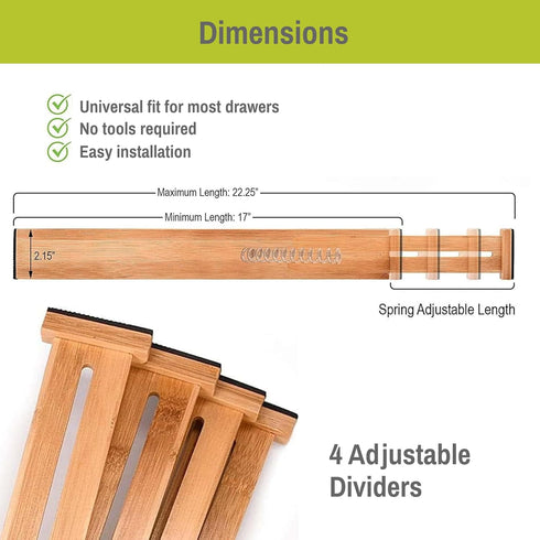 Homemaid Living Adjustable Bamboo Drawer Organizer - Expandable Drawer Dividers Set of 4 for Kitchen, Dresser,