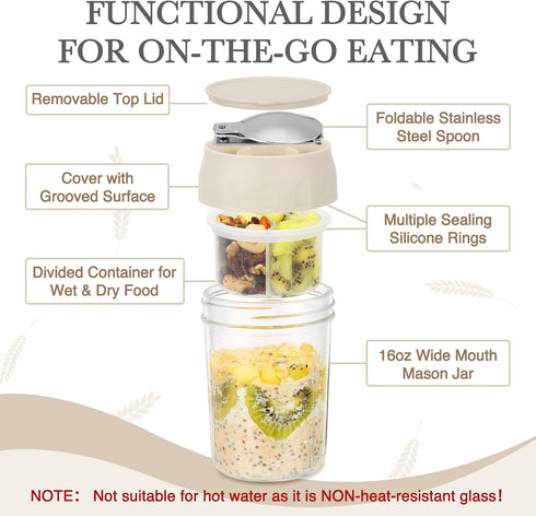 2 Pack 16oz (2 Set-Oat SOLIGT Overnight Oats Containers with Lids, Folding Spoons and Divided Compartments for Fruit