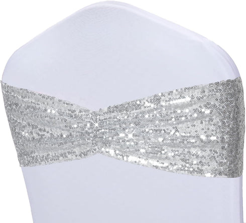 Poise3EHome Silver Sequin Chair Sashes, Double Sided Glitter Folding Chair Covers Bow
