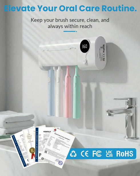 GEVOODIX 4-Slots UV Toothbrush Sanitizer and Holder, Smart Toothbrush Holder with Holders, Tooth Brush Cleaner Wall