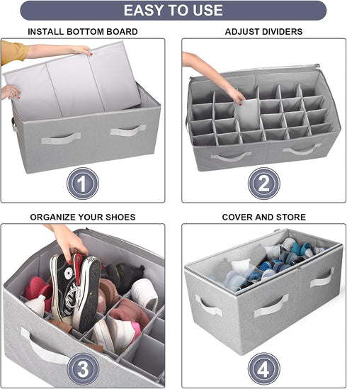 Moteph Shoe Organizer for Closet, Large Grey Shoe Storage with Clear Cover & Adjustable Dividers for 24 Pairs