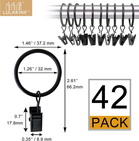42 Pack Curtain Rings with Clips - 1.26" Interior Diameter Metal Drapery Rings Compatible with 1 inch Rods (Black)