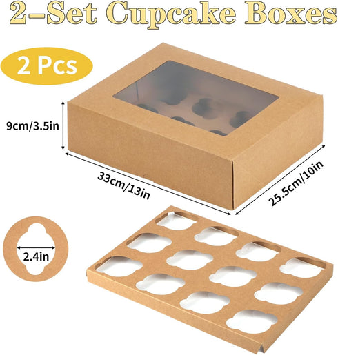 Cupcake Boxes 12 Count, 2 Pack Disposable Cupcake Containers, Food Grade Cupcake Carrier with Window and Inserts, Cupcake Transport Holders Bulk for Muffins Cookies Treats Dessert(Brown)