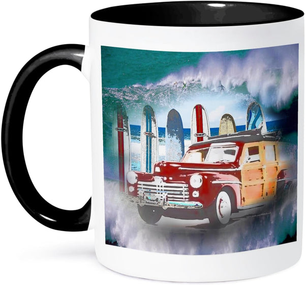 3dRose Classic Woody Car and Big Wave Background Mug, Surfing Lover Gift, 11 oz, Black