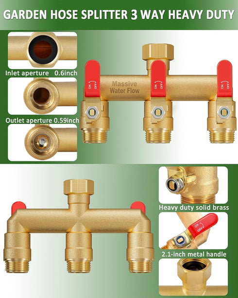 LNEZCDB 3 3/4 Inch Way Hose Splitter, Heavy Duty Full Flow Garden Water Hose Bib Spigot Splitter, Brass Rust and Freeze