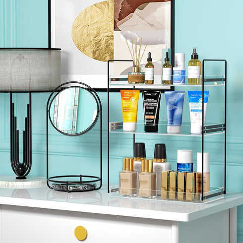 NPPLUS Bathroom Countertop Organizer, 3 Tier Metal Vanity Shelf, Matte Black Under Sink with Acrylic Tray for Makeup