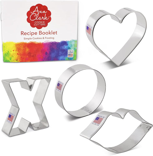 Ann Clark 4-Pc. Set Valentines Cookie Cutters Made in the USA, Lips, Heart, X, and O