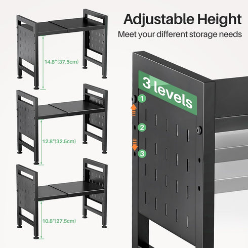 Expandable Microwave Stand Countertop, 2-Tier Adjustable Rack with 8 Hooks & 2 Holders, Heavy Duty Carbon Steel Shelf