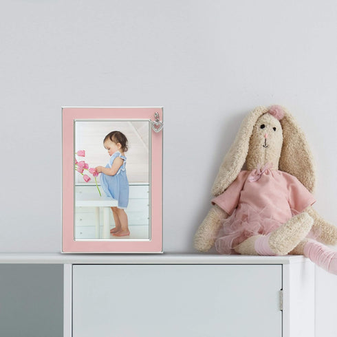 4x6 MIMOSA MOMENTS Silver Plated Baby Picture Frame, Pink Enamel & Rhinestone Heart Charm, Tabletop Frame for Baby Girl