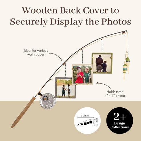 4x4 Young's Inc Wood Fishing Pole Triple Photo Frame Rustic Lake House Wall Fish Decor with Hanging Frames, Lodge