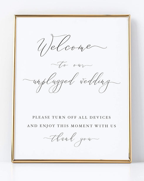 Welcome to our Unplugged Wedding Sign, Elegant Minimalist Style White with Black Lettering, Wedding Decoration