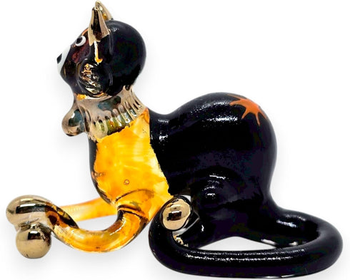 Tiny 2¼" Black Brown Crouching Play Ball Cat Figurine - Miniature Hand Blown Painted Glass