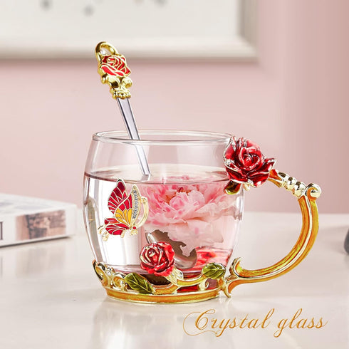 OEAGO Butterfly Rose Glass Coffee Mug Set for Mom - Lead-Free Enamel, Perfect Birthday & Mother's Day Gift from