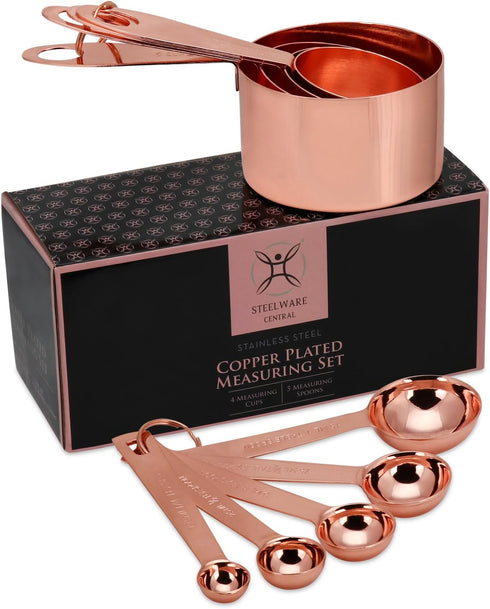 Copper Measuring Cups and Spoons - Stainless Steel 9 Pieces with 2 Rings
