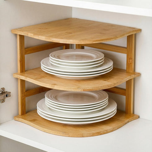 3-Tier Countertop 9.5 9.5 9.5 Inch Goaste Bamboo Corner Shelf, Kitchen Storage Organizer, Cabinet Plate Rack for Pantry