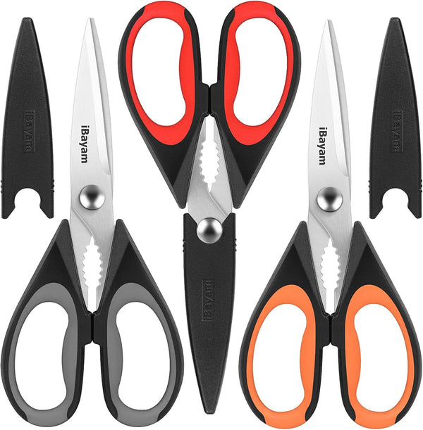 iBayam 3-Pack Kitchen Scissors, All Purpose Kitchen Shears, Heavy Duty with Protective Sheath, 8.5"