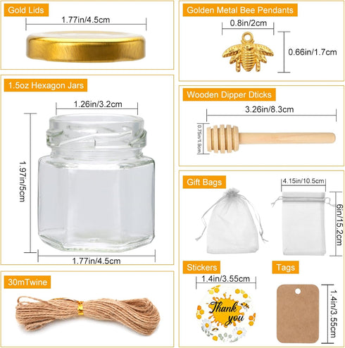 XING-RUIYANG 60 pack 1.5 oz Mini Honey Jarsbaby shower favors,There's honey sticks, bee pendants, stickers and gold