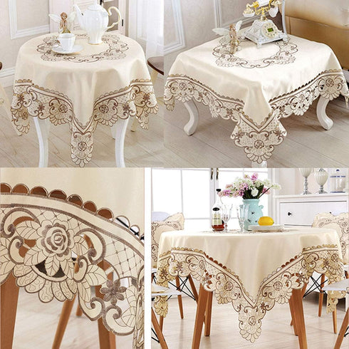 22" LeLehome Square Classic EmbroideredTablecloth, Vintage Brown Flower Beige Small Table Cloth Bedside Nightstand Tea