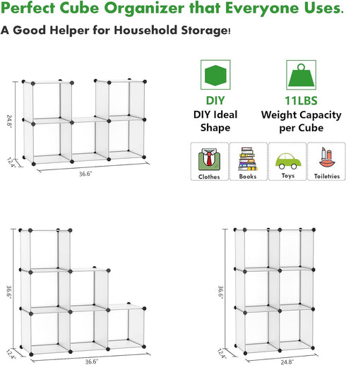 C&AHOME Cube Storage Organizer - 6-Cube Shelves Units, DIY Plastic Modular Book Shelf, 36.6" L x 12.4" W x 36.6" H,