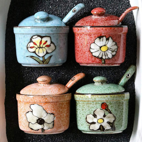 VanEnjoy Retro Hand Painted Flower Ceramic Round Sugar Bowl, Porcelain Spice Container with Spoon