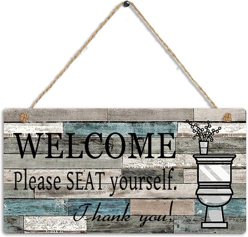 Printed Wood Plaque Sign - Welcome Sign, Please Seat Yourself Wall Art, Size 11.5" x 6" (Blue-Black)