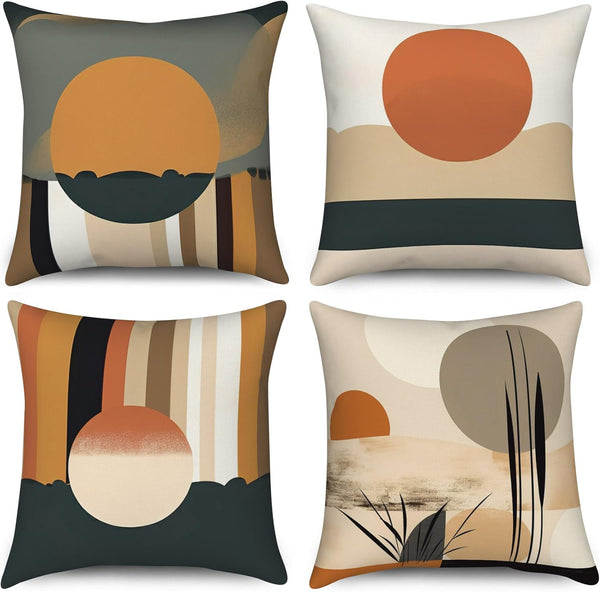 Boho Pillow Covers 18x18 Inch, Mid Century Abstract Sun Throw Pillow Covers, Terracotta and Yellow Linen, Set of 4