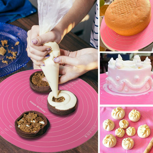 Silicone Cake Mat, 12 Inch Round with Measurements, Non-Stick Heat Resistant Pastry Baking Pad Pink