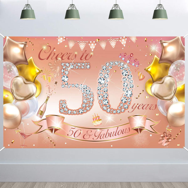 HOWAF Woman 50th Birthday Party Decoration Rose Gold Fabric Banner, Photo Backdrop, Wall Garden Table Supplies
