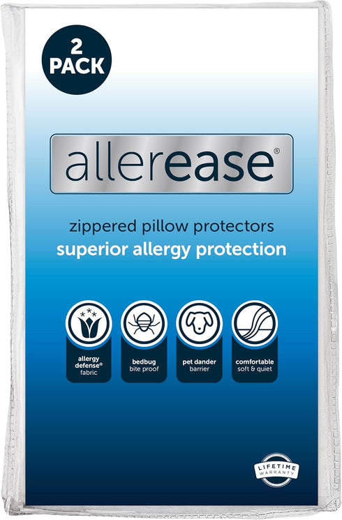 Set of 2 Standard/Queen AllerEase Pillow Protectors, Moisture Wicking, Advanced Allergy Protection, Zippered
