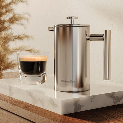 Mueller French Press Coffee Maker, 20oz Stainless Steel, 4 Filter Heat Resistant Double Insulated, Dishwasher Safe