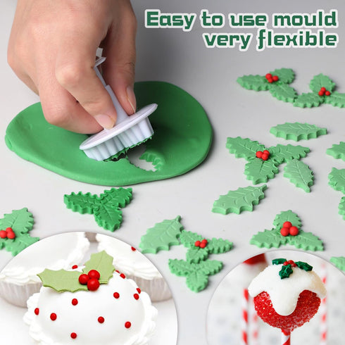 KALAIEN 3pcs Holly Leaf Plunger Cutter Fondant Baking Tools for Cake Cookie Sugarcraft Decorating