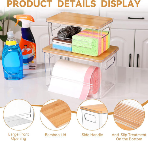 2 Pack, Trash Bag Holder Dispenser Garbage Bag Dispenser with Bamboo Lid & Handles, Stackable Clear Trash Bag Organizer