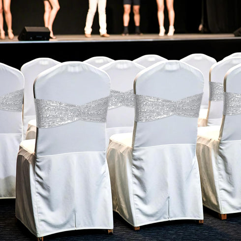 Poise3EHome 10 Silver Sequin Chair Sashes, Double Sided Glitter Folding Chair Covers Bow for Party Wedding Banquet