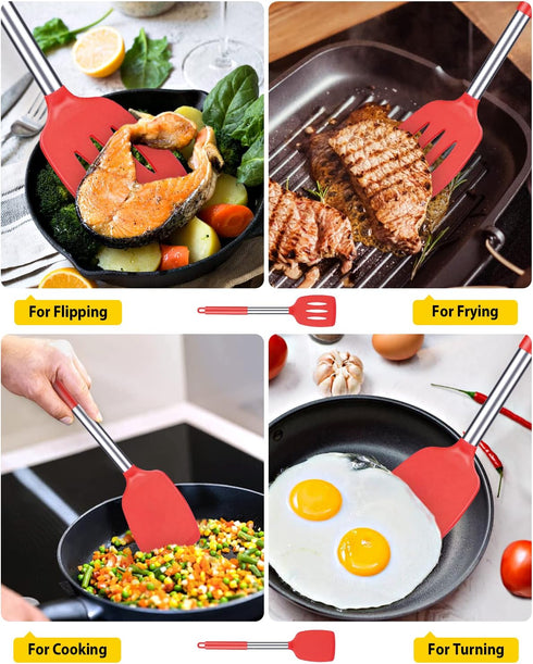 Pack of 2 Silicone Solid Turner, Non Stick Slotted Kitchen Spatulas, High Heat Resistant BPA Free (Red)