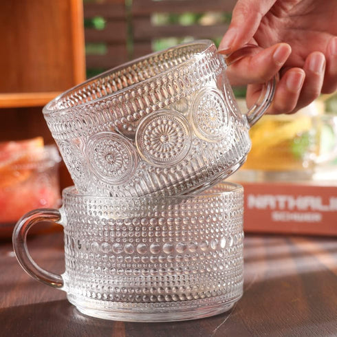 Set 4,14 OZ (2*Flower+2*Beads) Vintage Glass Coffee Mugs of Embossed Glass Coffee Cups Coffee Mugs for Cereal, Yogurt