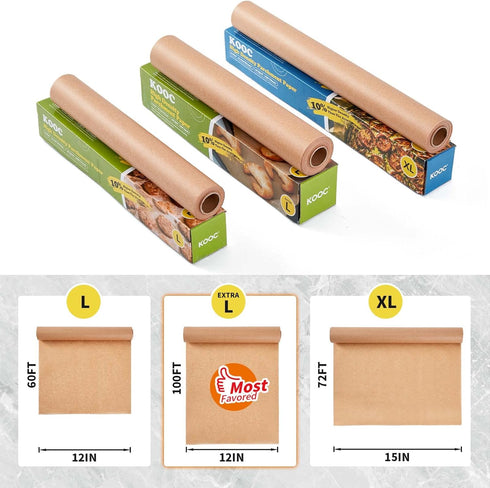 KOOC Premium 100-Feet Parchment Paper Roll - 12-Inch Width, Non-Stick, Unbleached Baking Paper - Ideal for Baking, Cooking, and Food Preparation - 100 Square Feet Coverage - Compostable, High Density by KOOC