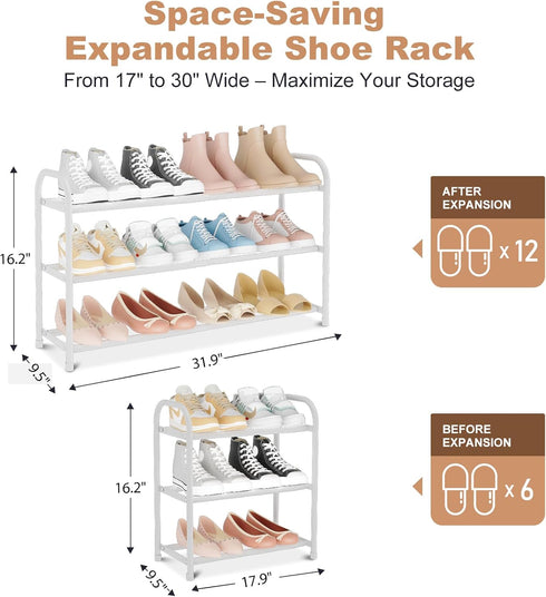 12 Closet, Expandable Shoe Rack Small Shoe Shelf Storage for Pair Sneaker and Boot, Stackable Vertical Shoe Rack