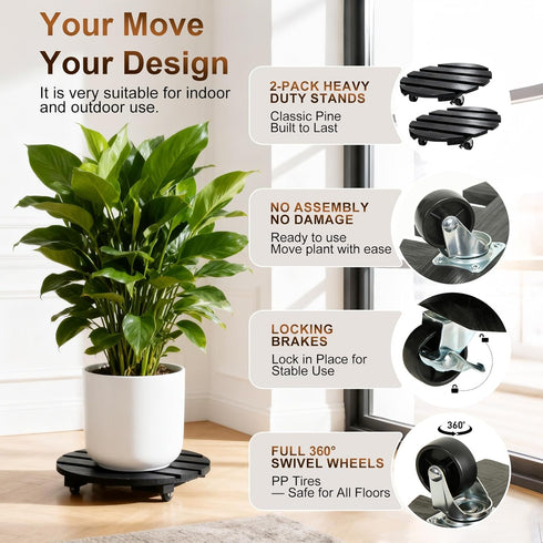 2 Pack 13'' 300Lbs 360Lockable Plant Caddy with Wheels Rolling Plant Stand Indoor Outdoor, Heavy Duty Wooden Plant