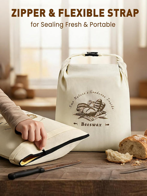 Weenkler 2 Pack Beeswax Bread Bag Reusable Linen Storage Bags with Zipper and Straps for Homemade Sourdough Loaf Breads