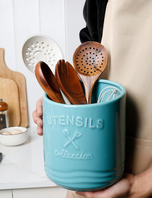 AISBUGUR Large Ceramic Utensil Holder, 7.5" H×6.3" W with Slanted Mouth, Non-Slip Cork Base for Kitchen Decor