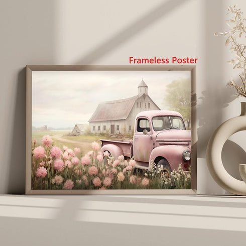 BACKYMRJCART Farmhouse Truck Canvas Wall Art Barn Flower Paintings Old Car and Pink Flower Picture Farmhouse Landscape Art Prints Vintage Truck Country Flower Pictures Farm Scene Picture No Frame