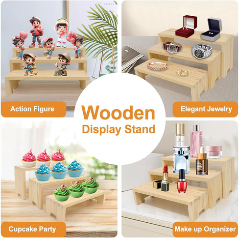 Varbonia Set 2 3-Tier 6 Pack) Wood Display Risers - x Rectangular Stands, Layered Aesthetic Shelves for Cupcakes