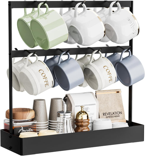Coffee Mug Holder with Hooks, 14 Capacity 2 Tier Mug Tree Holder Rack for Countertop, Storage Base for Coffee Pods