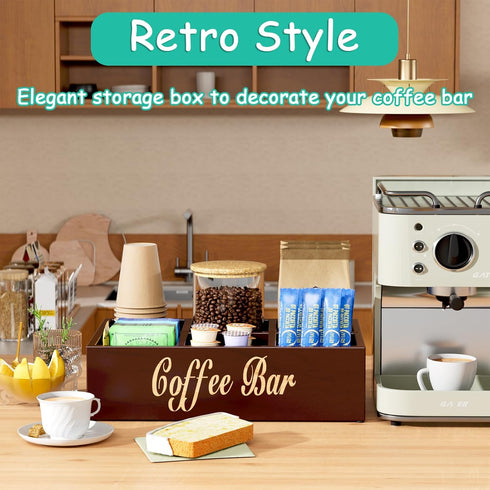 Coffee Station Organizer for Countertop - Wooden Coffee Bar with Removable Dividers, Farmhouse Coffee Pod Holder Basket