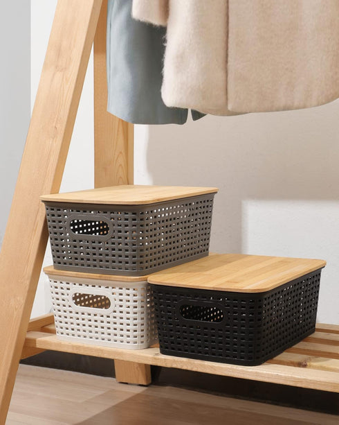 Storage Bins with Bamboo Lids - Set of 6 Lidded Plastic Baskets for Organizing Kitchen, Bedroom, Office, Closet