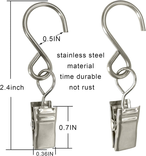 Stainless Steel S Hooks Curtain Clips, 50 Pack Hanging Party Lights Clips, 2.4 Inch Long Hangers for Photo Art Craft