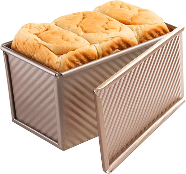 Pullman Loaf Pan with Lid, Non-Stick Bakeware, Golden Corrugated Carbon Steel Bread Toast Box Mold for Baking Bread