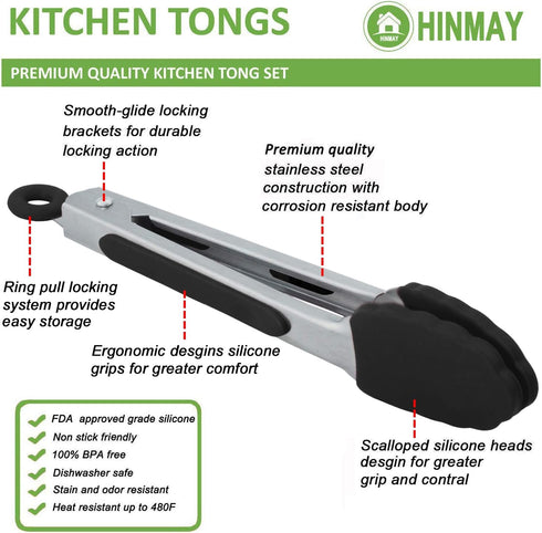 Small Serving Tongs with Silicone Tips, 7 Inch Mini Stainless Steel Food Tongs, Set of 3 (Black)