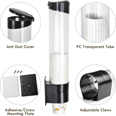 LBTING Cup Dispenser, Water Cooler Pull Type Holder for 7oz - 12oz Cone or Flat Bottom Cups, Black