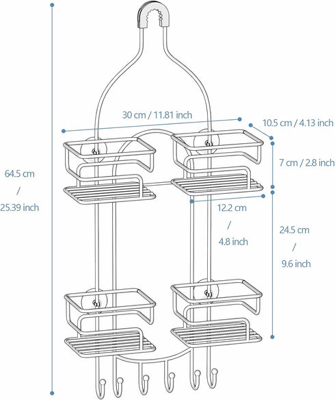 Chrome Shower Caddy Organizer with Hooks - Overhead Bathroom Rack